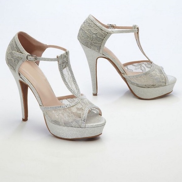 David's Bridal Shoes - Glitter and lace T Strap peep toe platforms